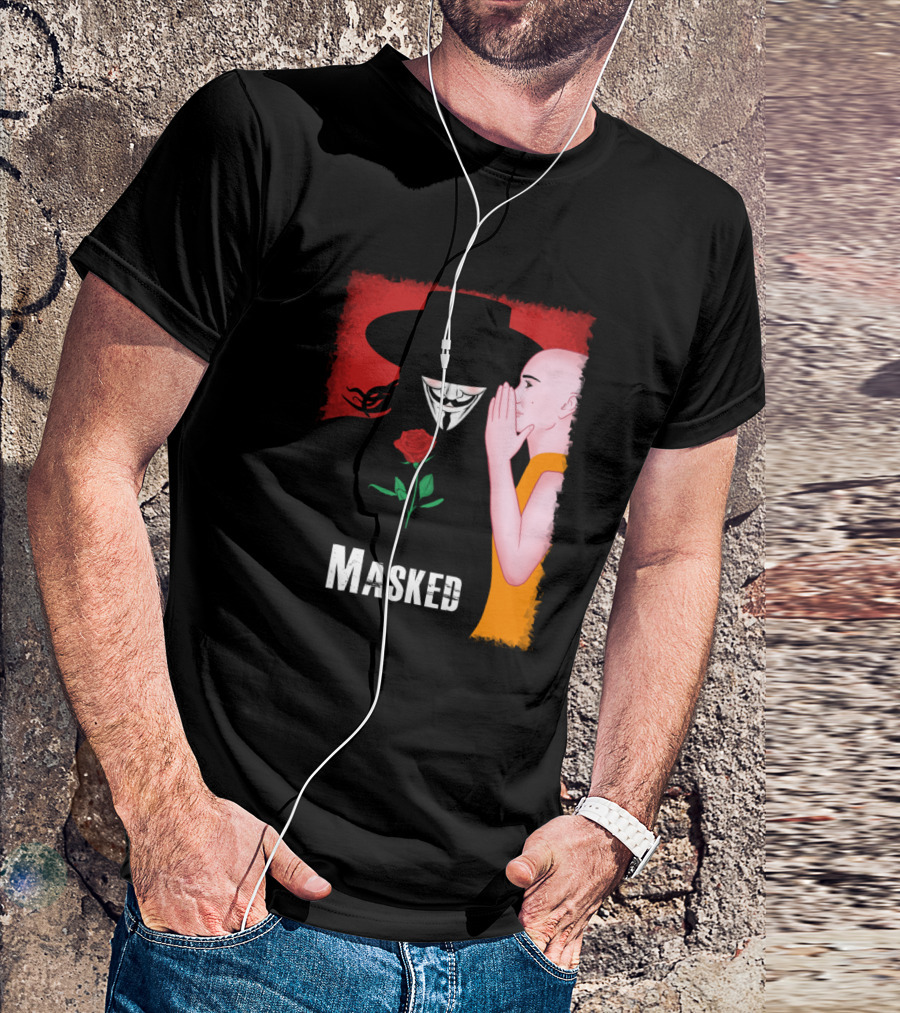 Masked Guy Fawkes And Young Monk With Red Rose T-Shirt