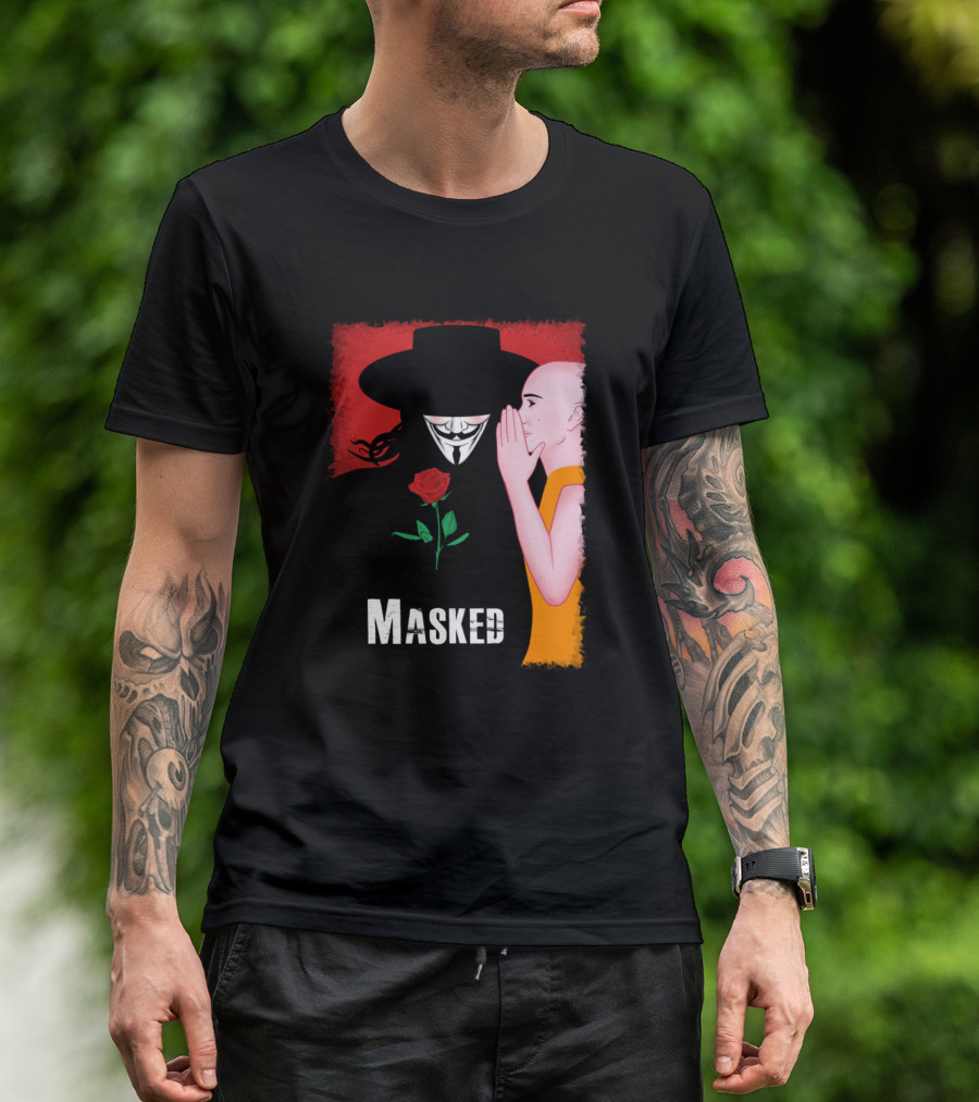 Masked Guy Fawkes And Young Monk With Red Rose T-Shirt