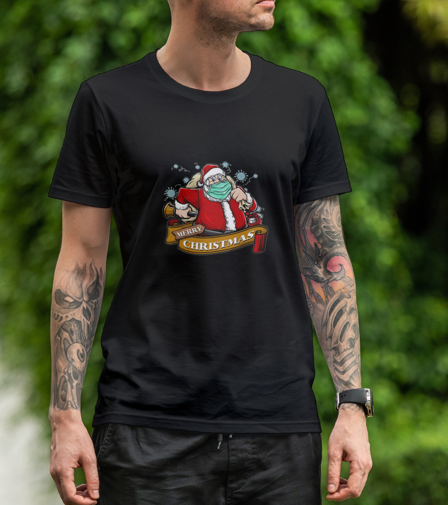 Merry Christmas Santa With Mask And Antibacterial Spray T-Shirt