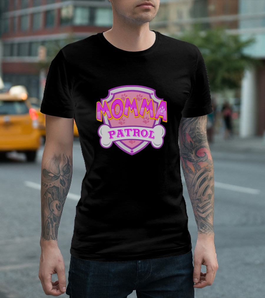 Momma Patrol Pink Shield Paw Bone Badge T-Shirt