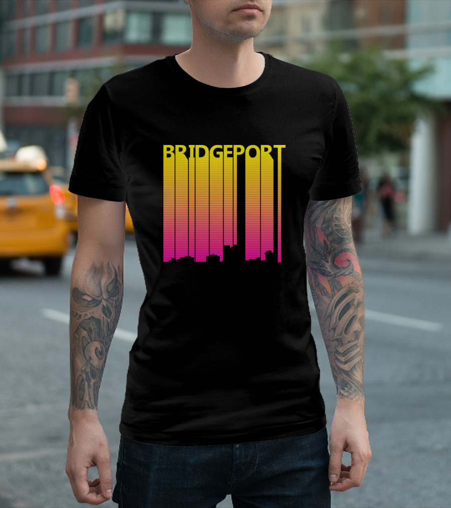 Bridgeport Retro 1980s Skyline Gradient Yellow Pink T-Shirt