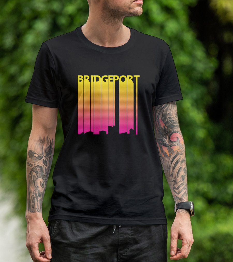 Bridgeport Retro 1980s Skyline Gradient Yellow Pink T-Shirt