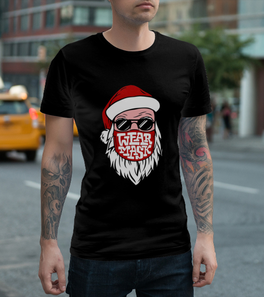 Santa Wear Mask with Sunglasses Santa Hat and Beard T-Shirt
