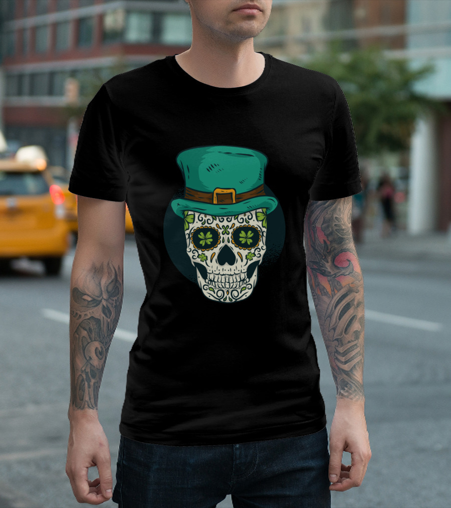 St Patricks Day Mexican Sugarskull with Shamrock Irish Top Hat T-Shirt