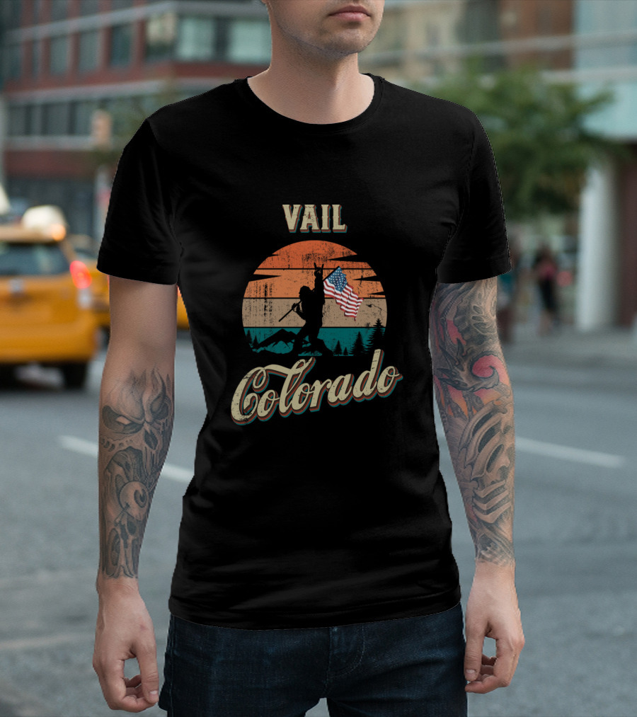 Vail Colorado Vintage Sunset American Flag Mountain Scene T-Shirt
