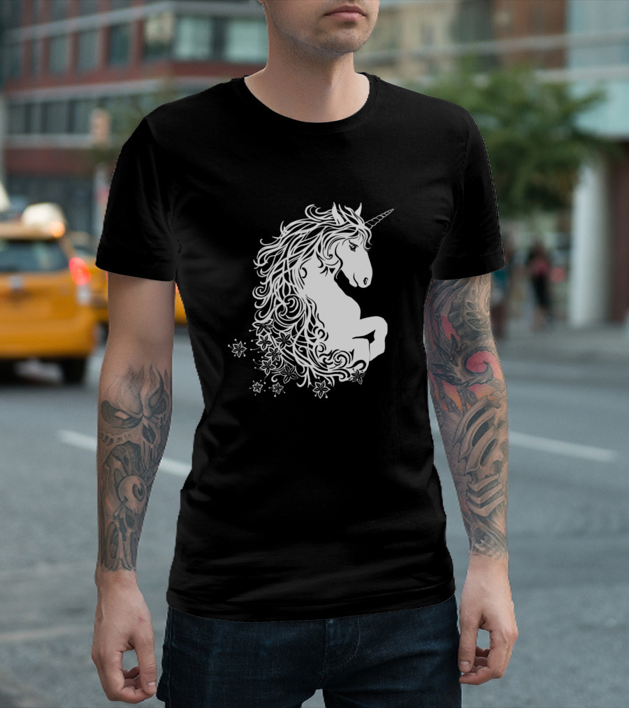 White Unicorn with Floral Swirls Magical Creature T-Shirt