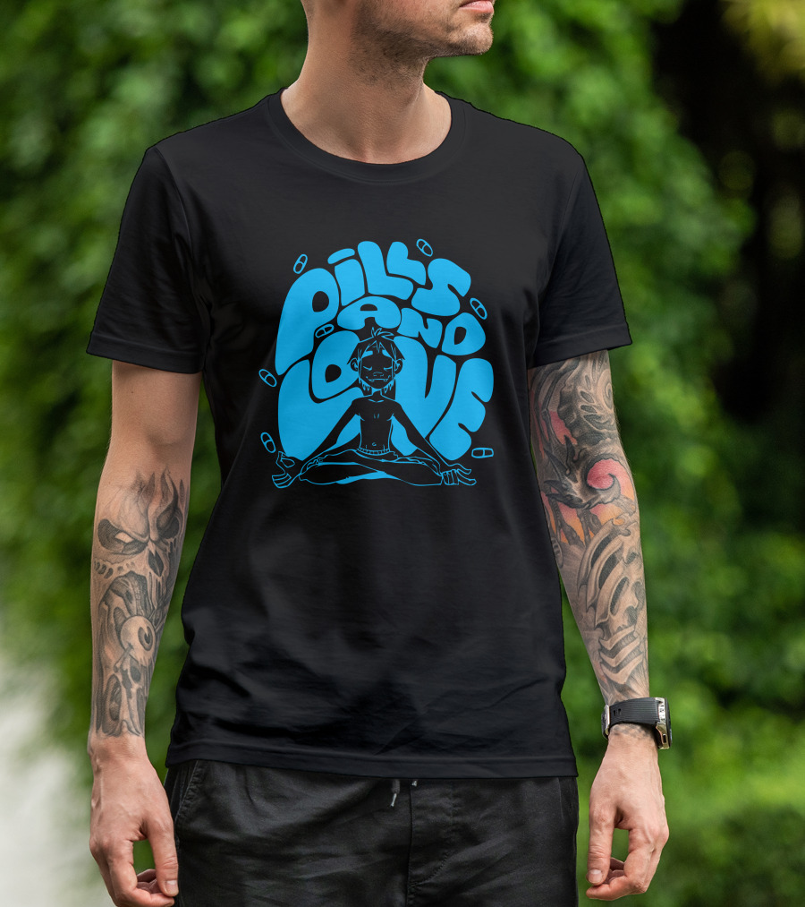 2D Blue Pills And Love Meditating Figure T-Shirt