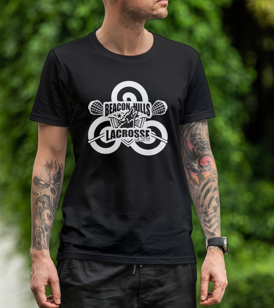 Beacon Hills Lacrosse Est 2011 Wolf Logo With Lacrosse Sticks T-Shirt