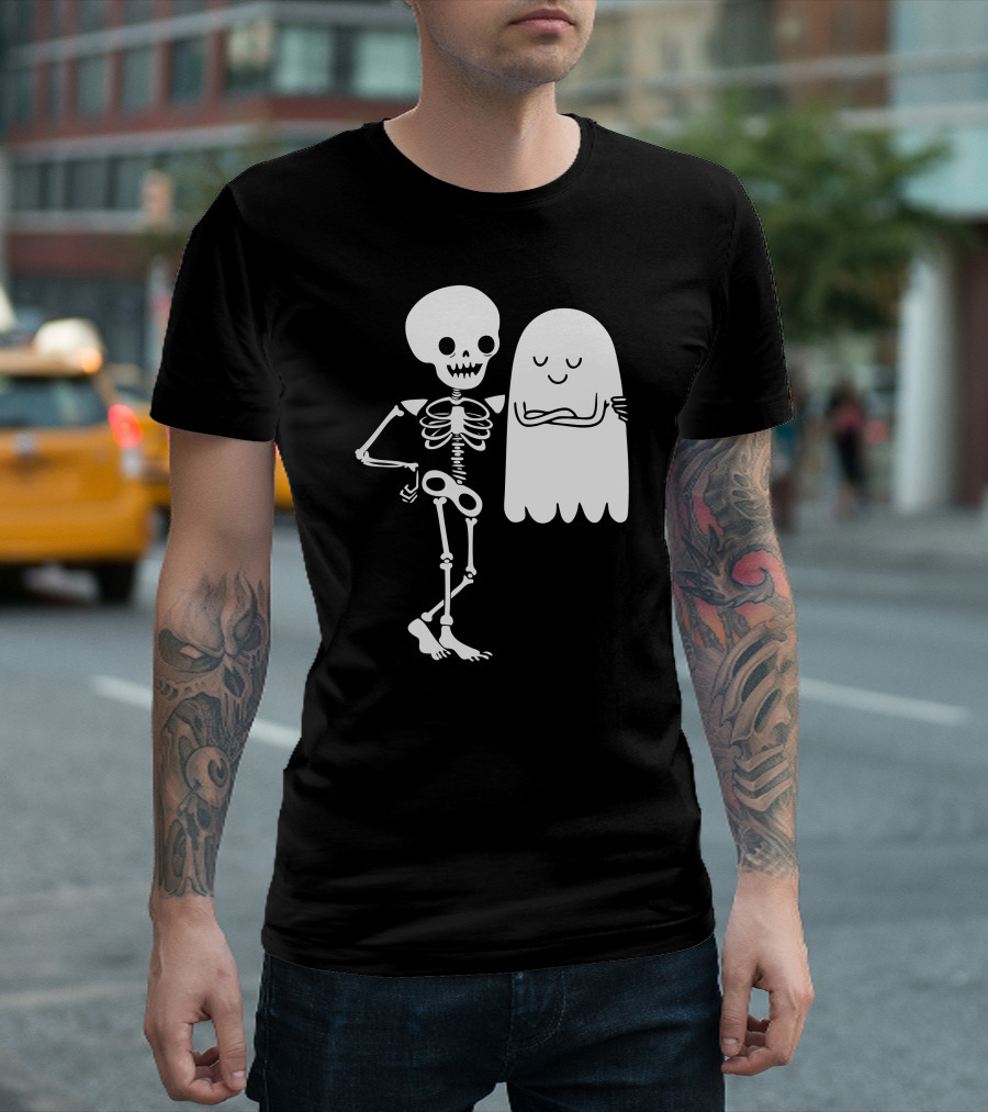 Body And Soul Skeleton and Ghost Hugging T-Shirt