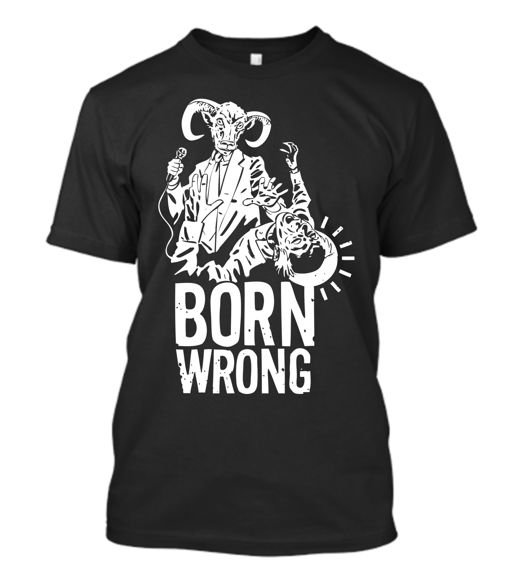 Born Wrong Ram-Headed Figure With Microphone And Zombie Image T-Shirt