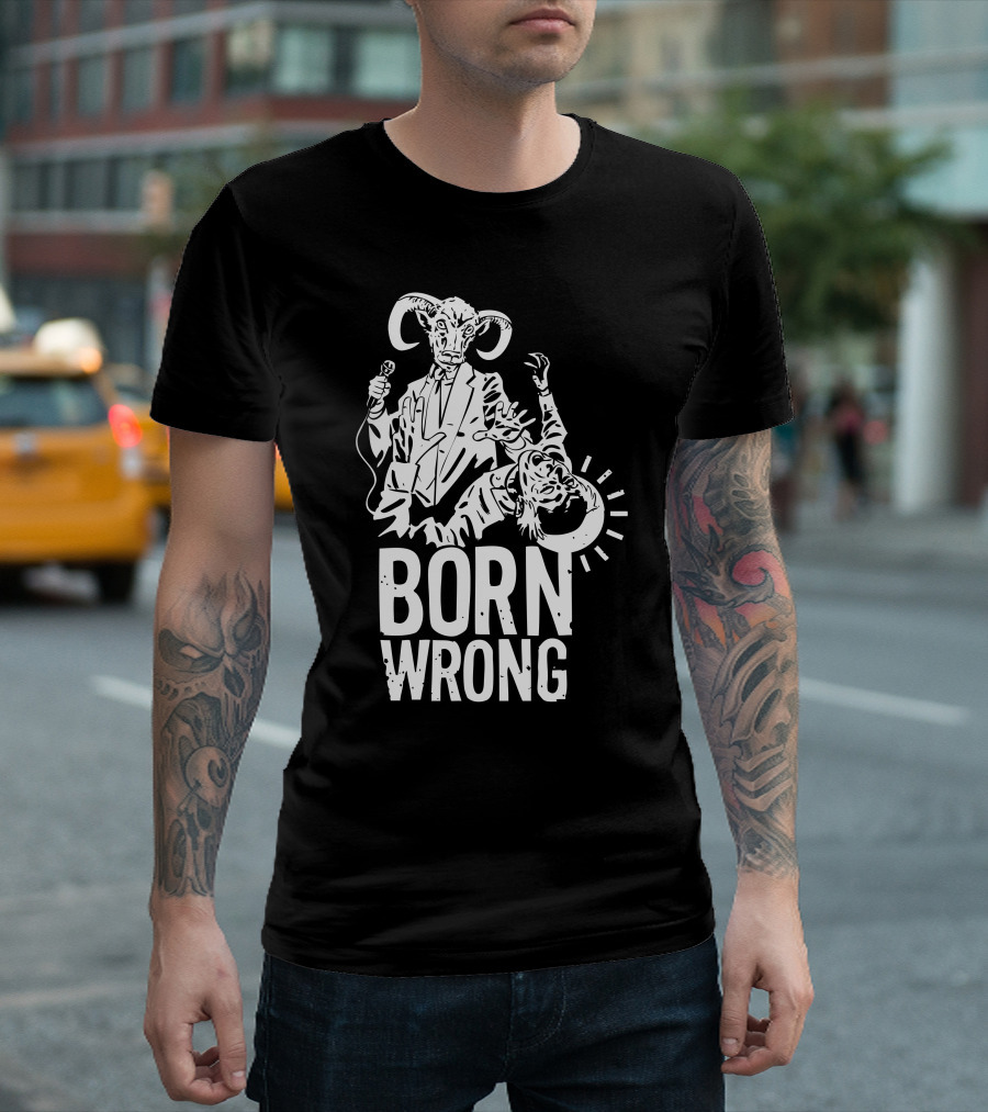 Born Wrong Ram-Headed Figure With Microphone And Zombie Image T-Shirt