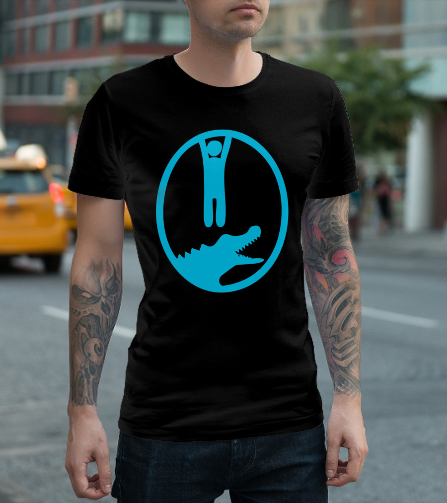 Crocodile Danger Stick Figure Hanging Above Open Jaws Blue Oval T-Shirt