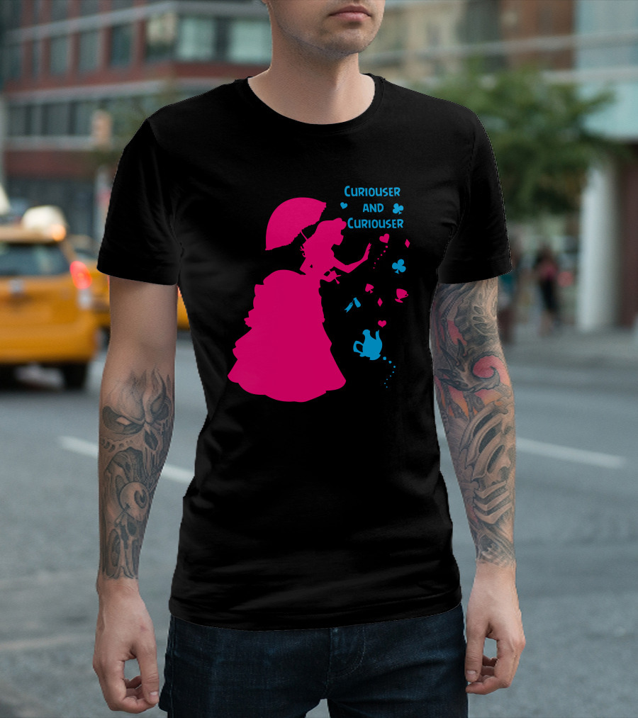 Curiouser And Curiouser Alice Silhouette with Heart and Teapot Accents T-Shirt