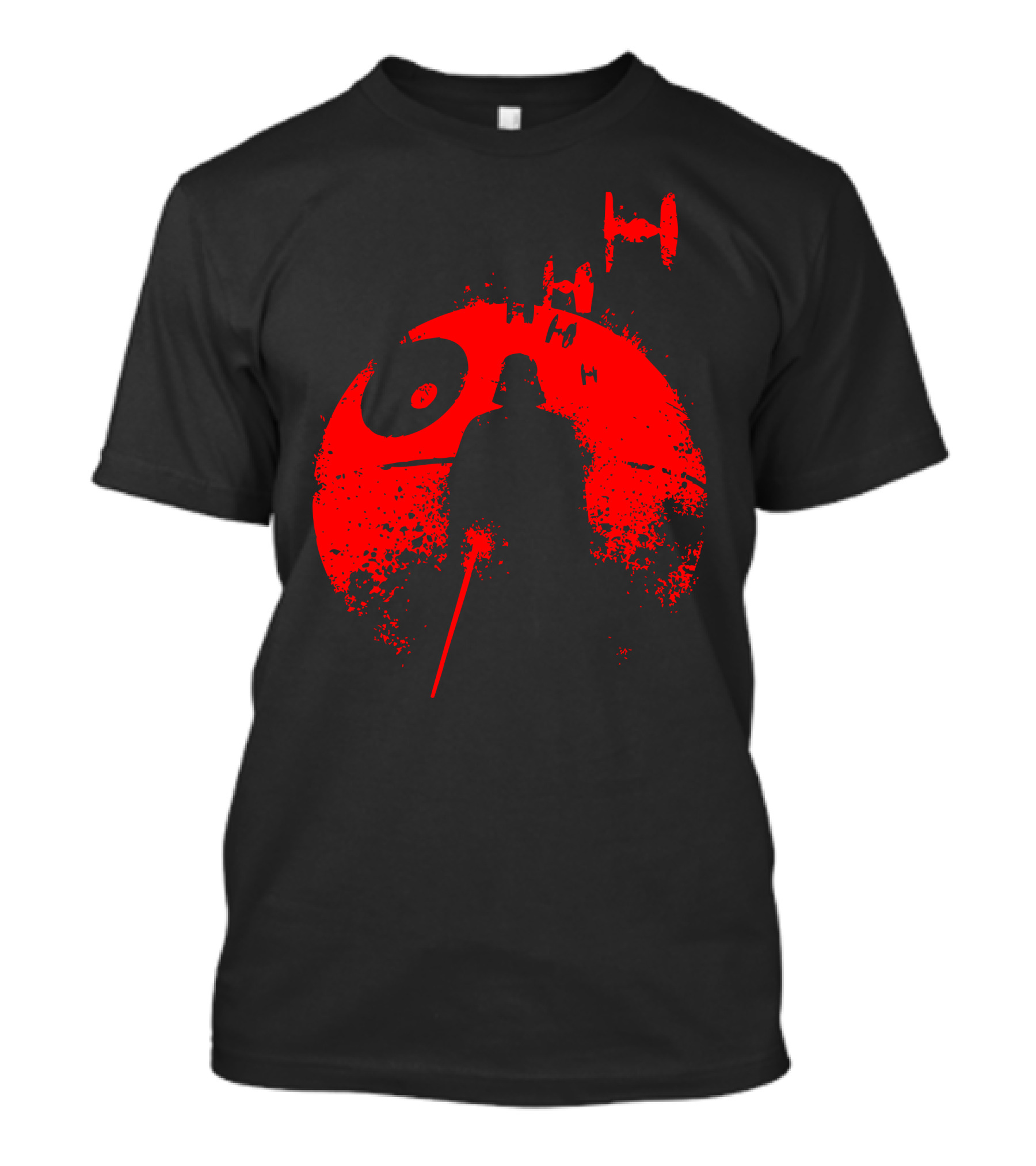 Death Star Dark Lord Darth Vader Silhouette Against Red Orb With TIE Fighters T-Shirt