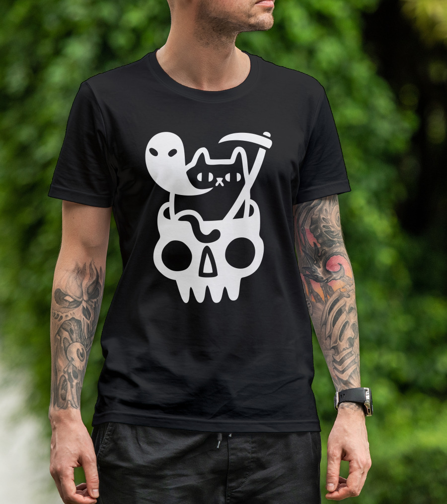 Doom Cat Grim Reaper Skull Ghost T-Shirt