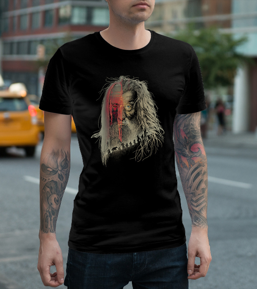 Gandalf Sauron Face Split with Lord of the Rings Journey T-Shirt