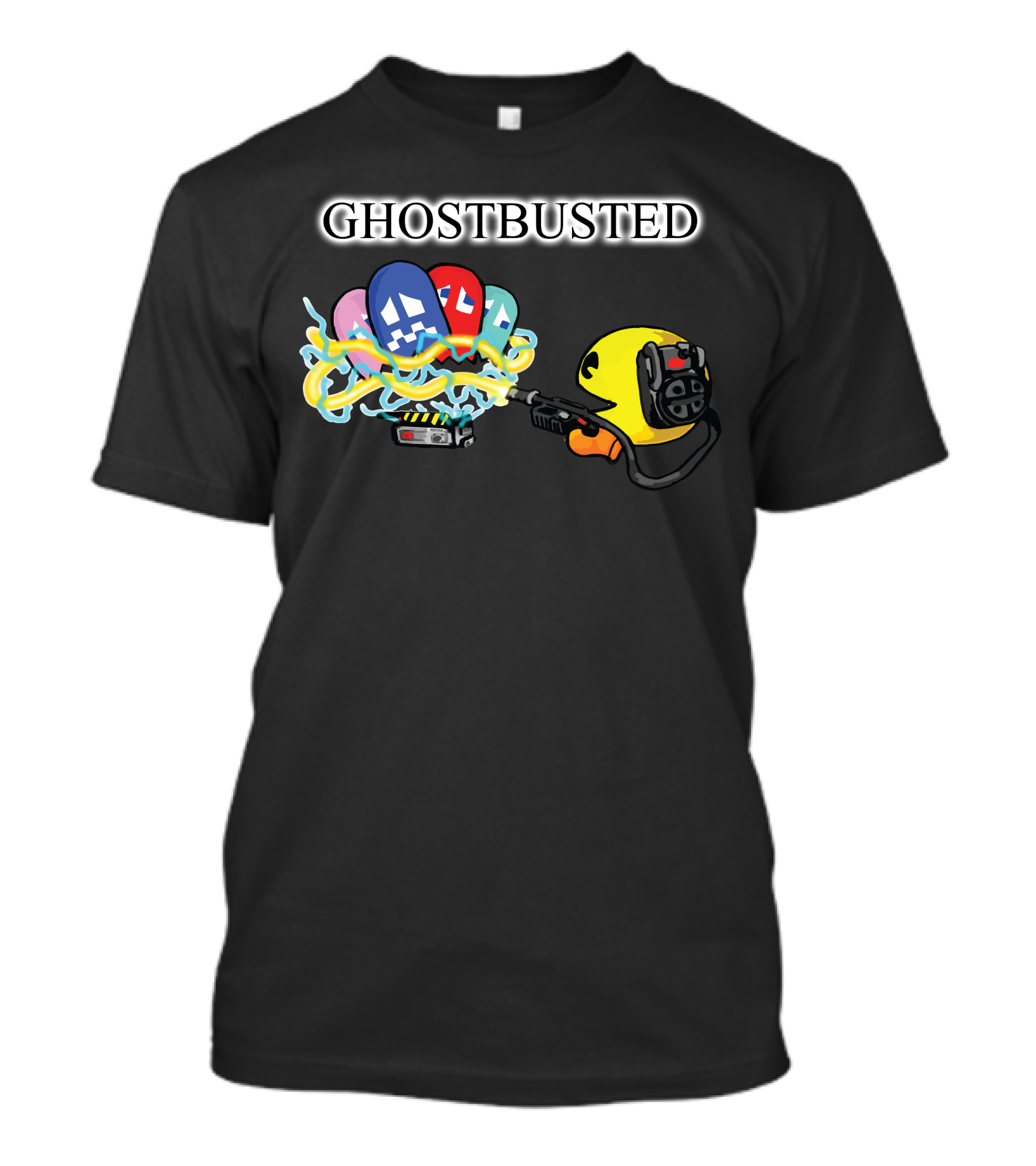 GHOSTBUSTED Pac-Man With Proton Pack Trapping Colored Ghosts T-Shirt