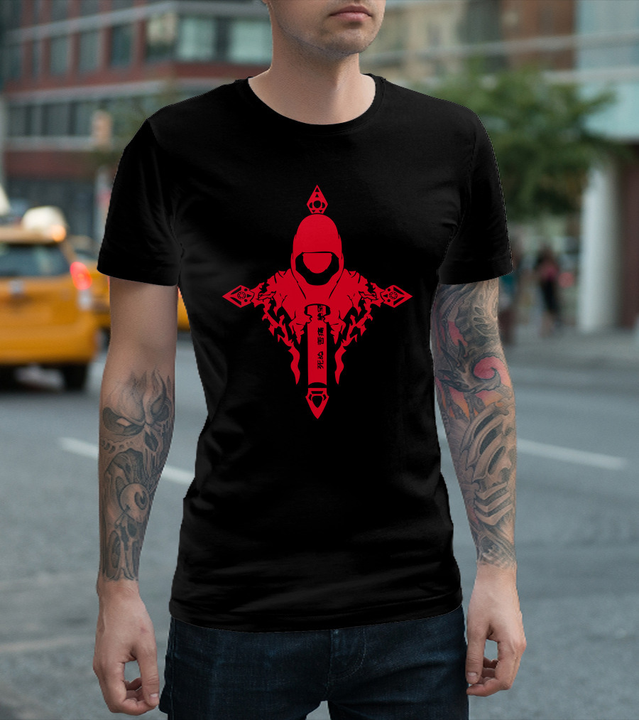 Grim Reaper Squad Assassination Team Red Hooded Figure With Sword And Geometric Symbols T-Shirt