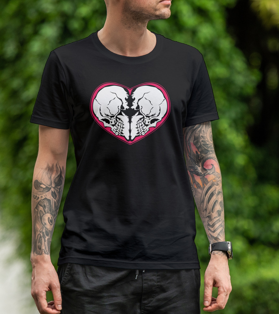 Heart Skulls Black And Red Symmetrical T-Shirt
