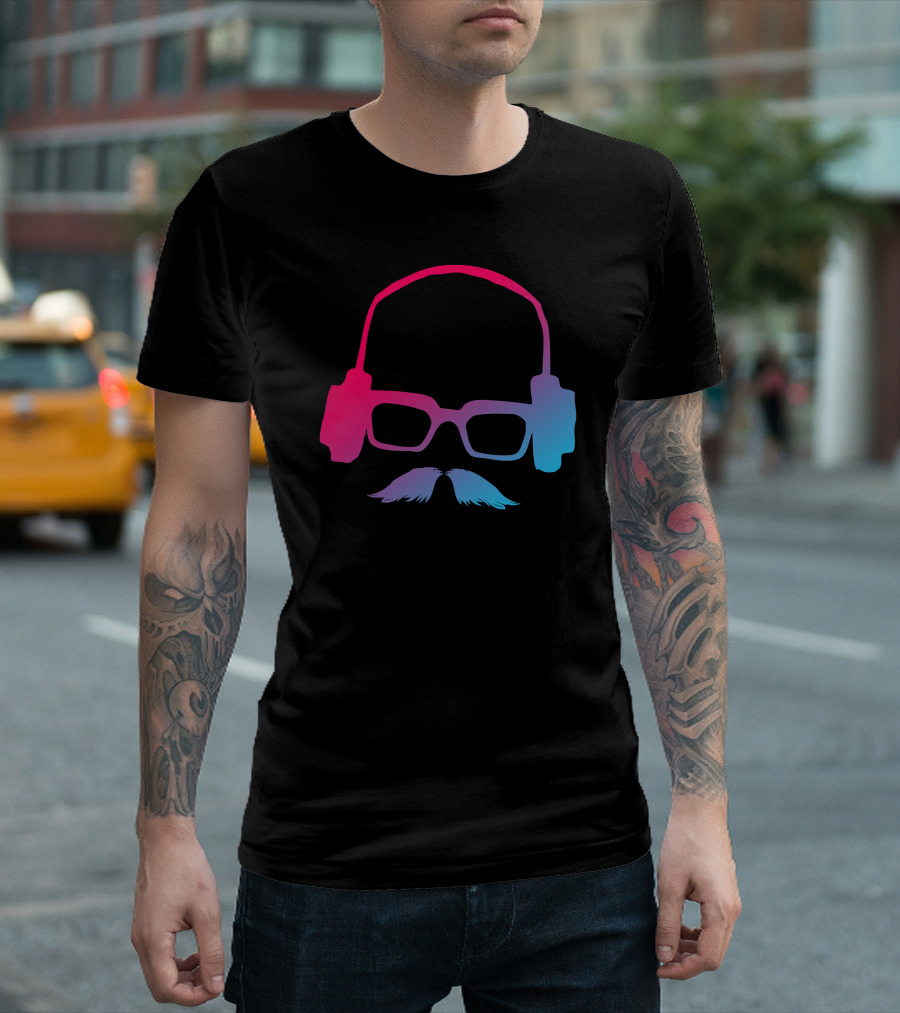 Hipster Man Headphones Glasses Mustache T-Shirt