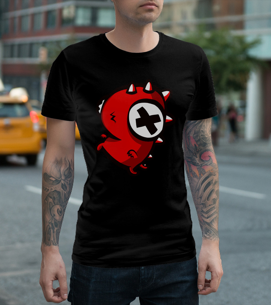 Little Dino Red Cartoon Character with Spikes and X Eye T-Shirt