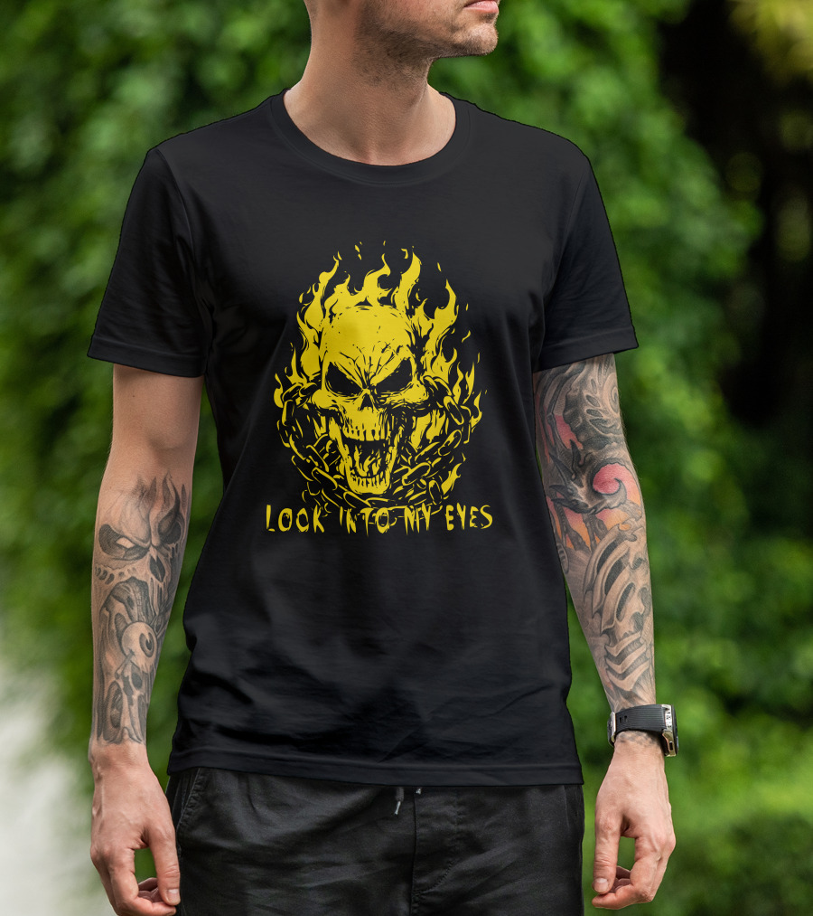 Look Into My Eyes Flaming Skull And Chains T-Shirt