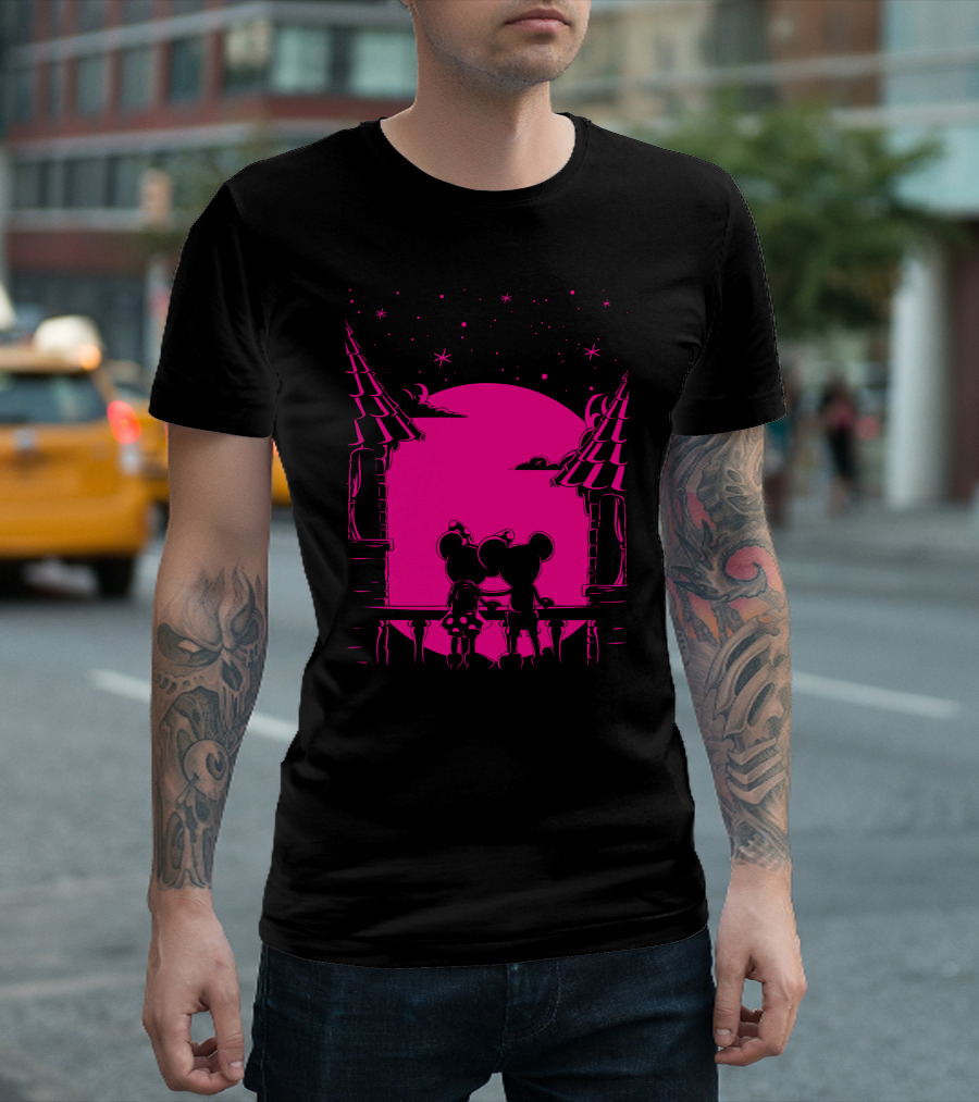 Romantic Mouse Couple Gazing At Starry Pink Night T-Shirt