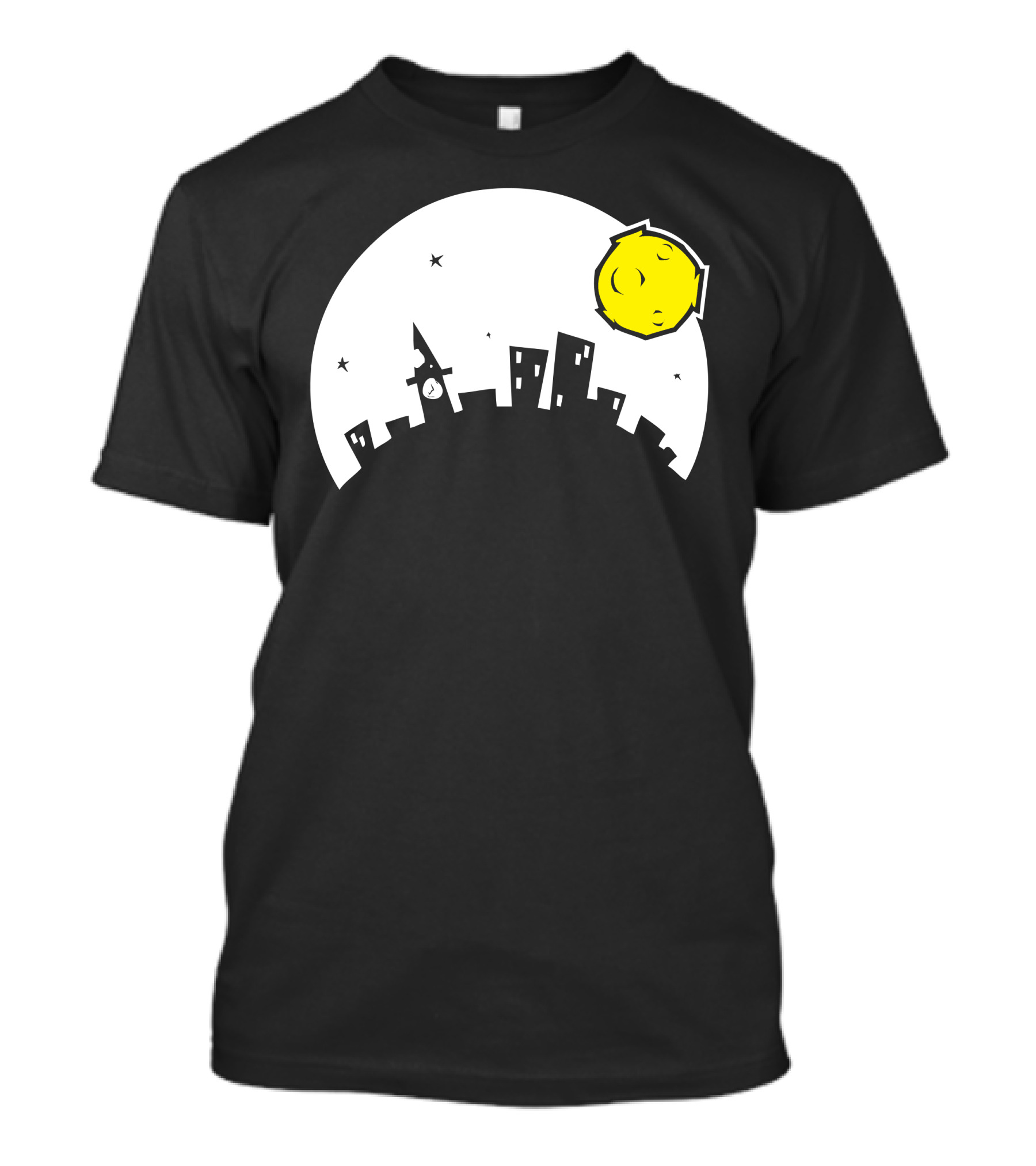 Night Time Cityscape With Crescent Moon And Stars T-Shirt
