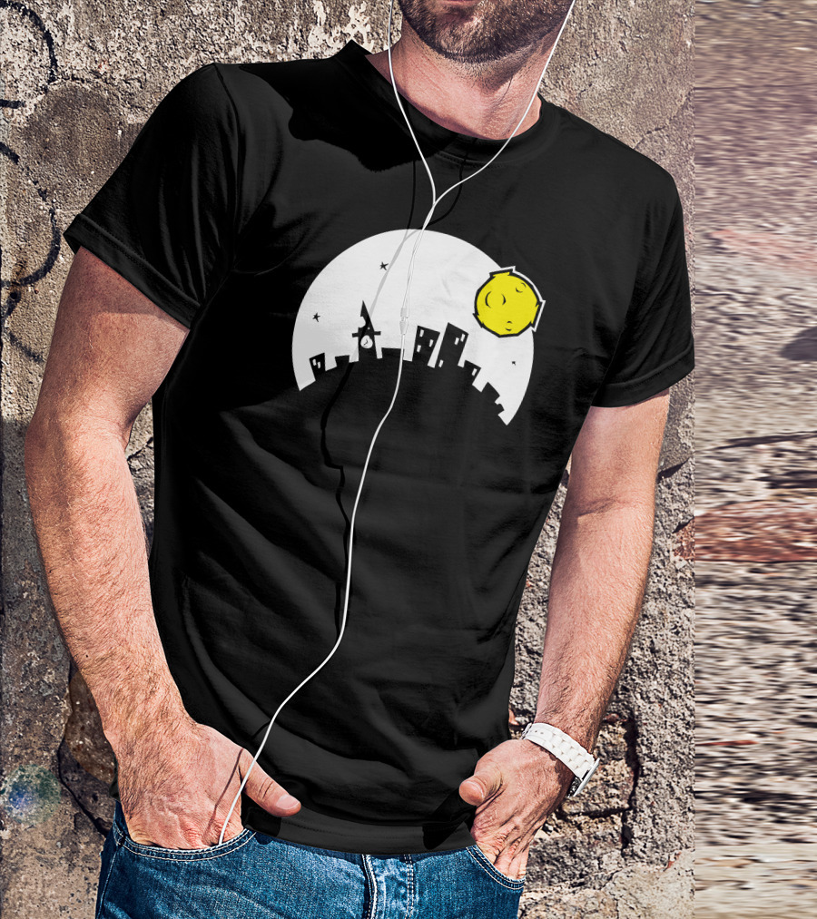Night Time Cityscape With Crescent Moon And Stars T-Shirt