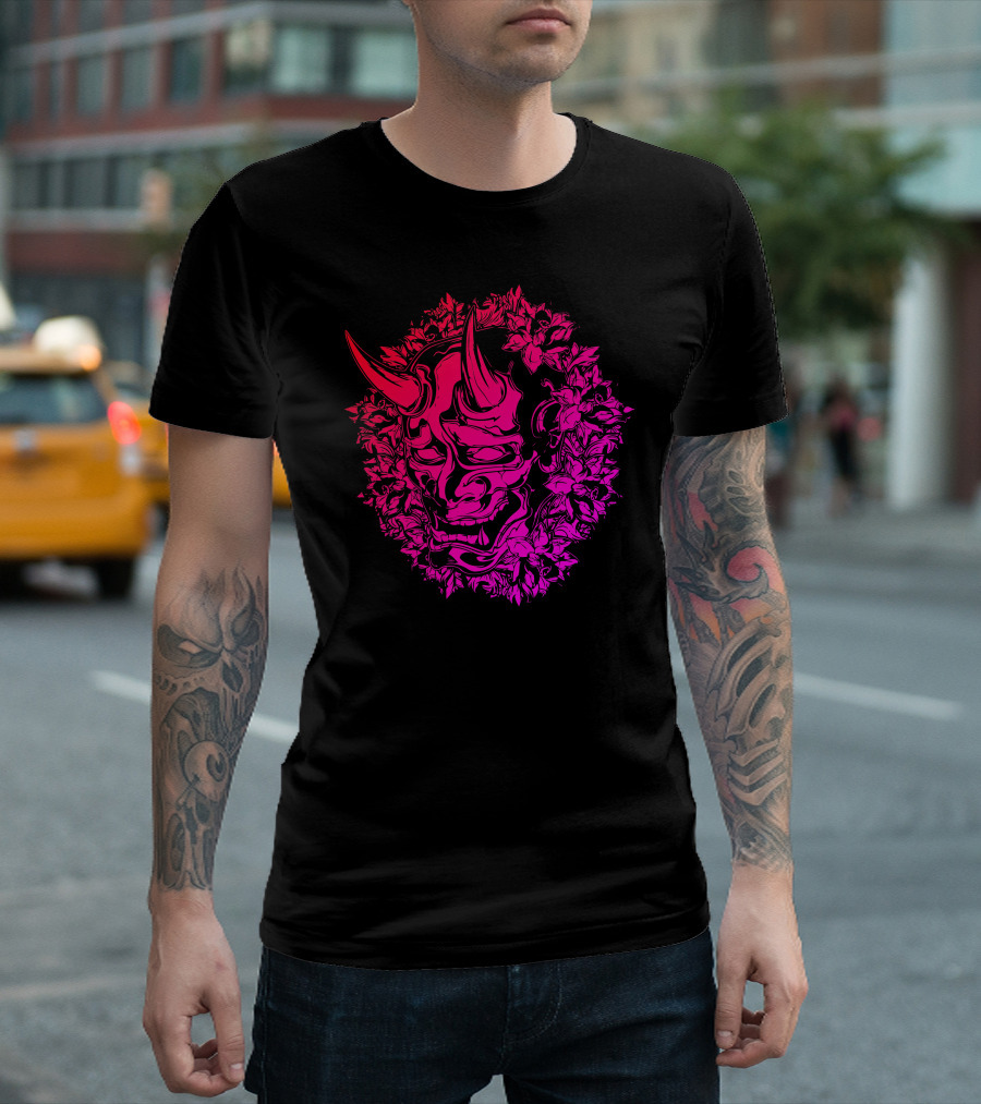 Oni Mask With Floral Wreath In Vibrant Pink T-Shirt
