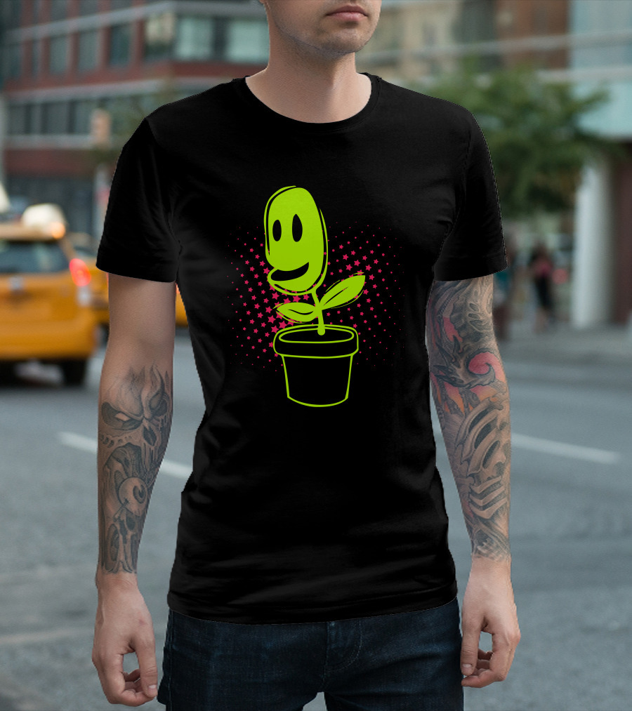 Neon Smiling Plant in Pot with Pink Starburst Background T-Shirt