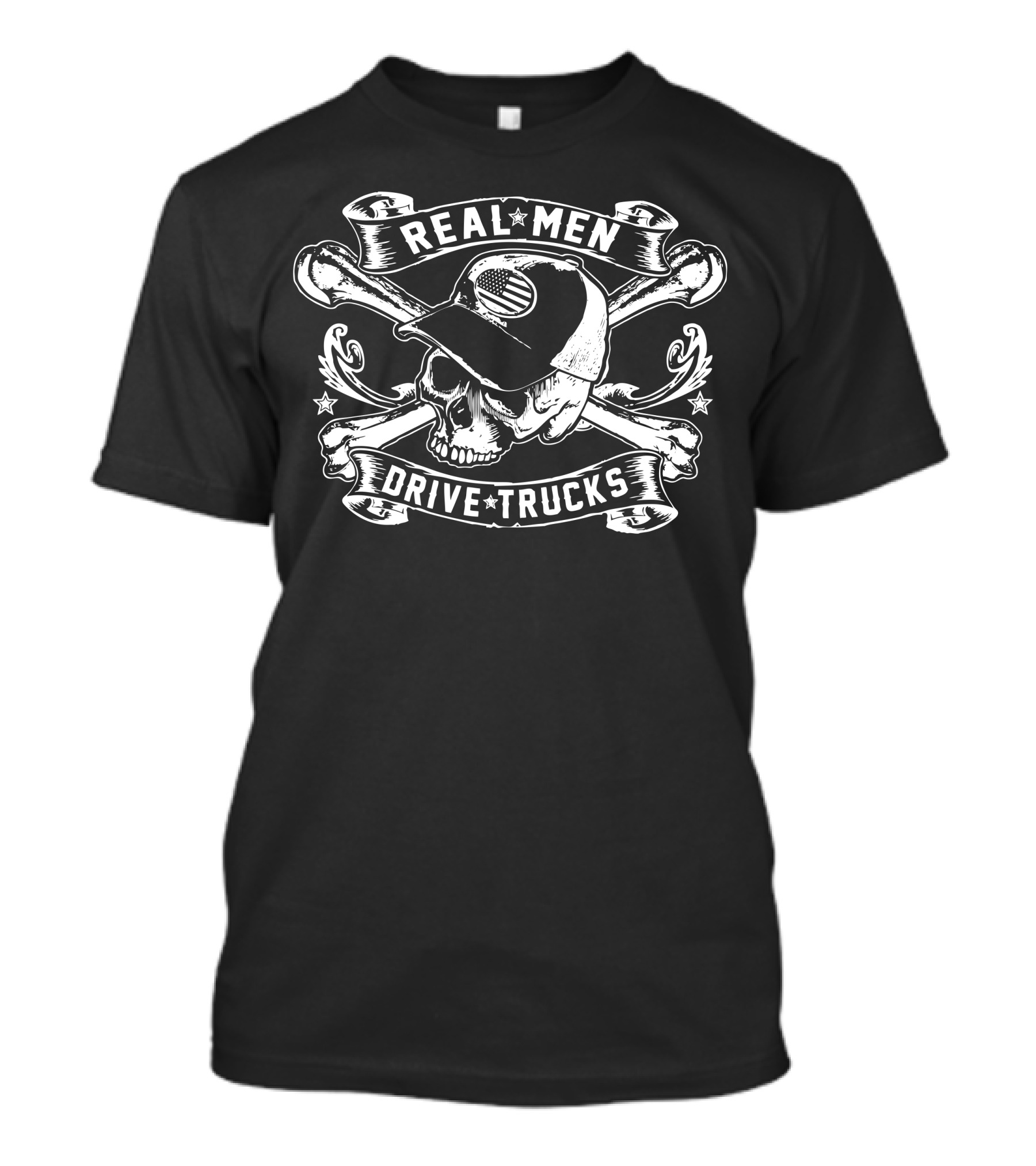 Real Men Drive Trucks Skull American Flag Cap Crossed Bones T-Shirt