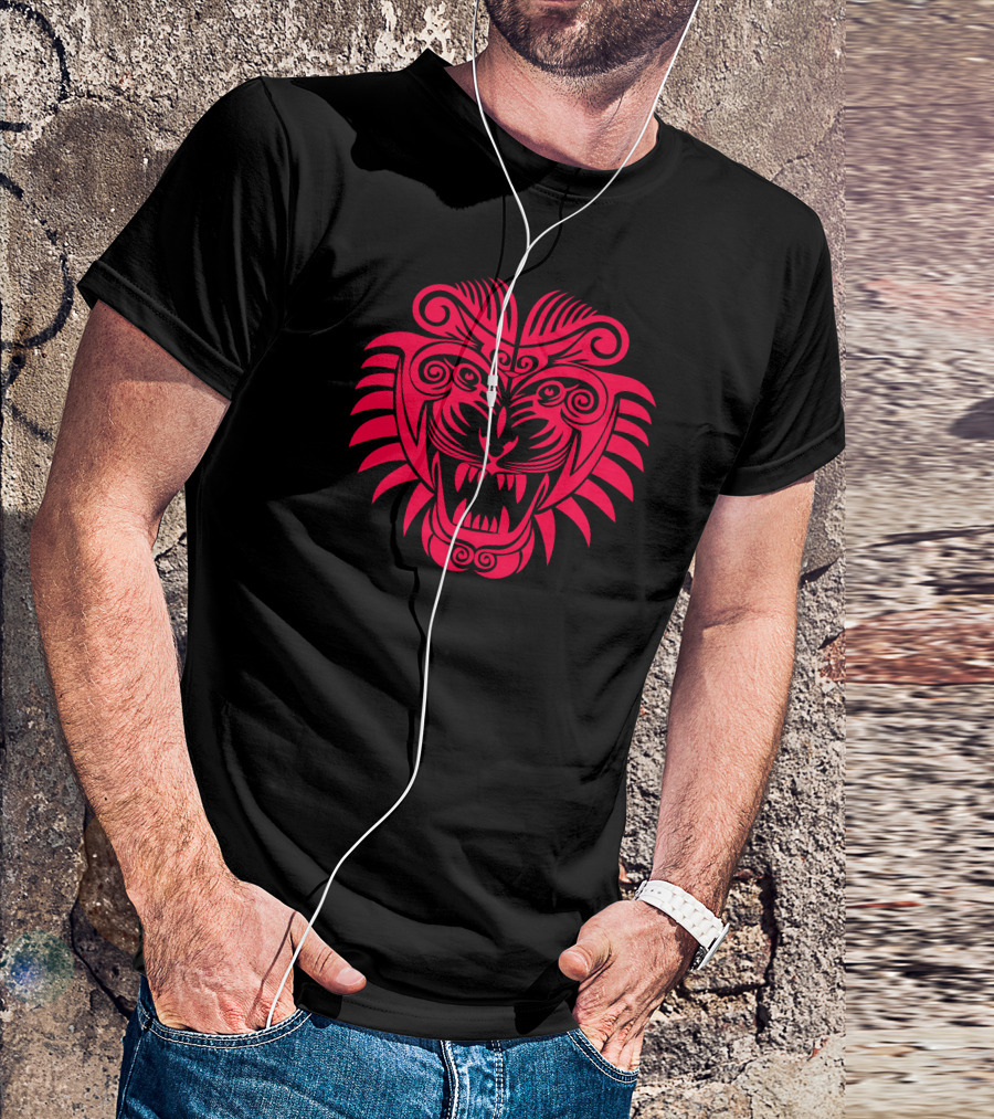 Red Tribal Tiger Roaring Face Tattoo T-Shirt