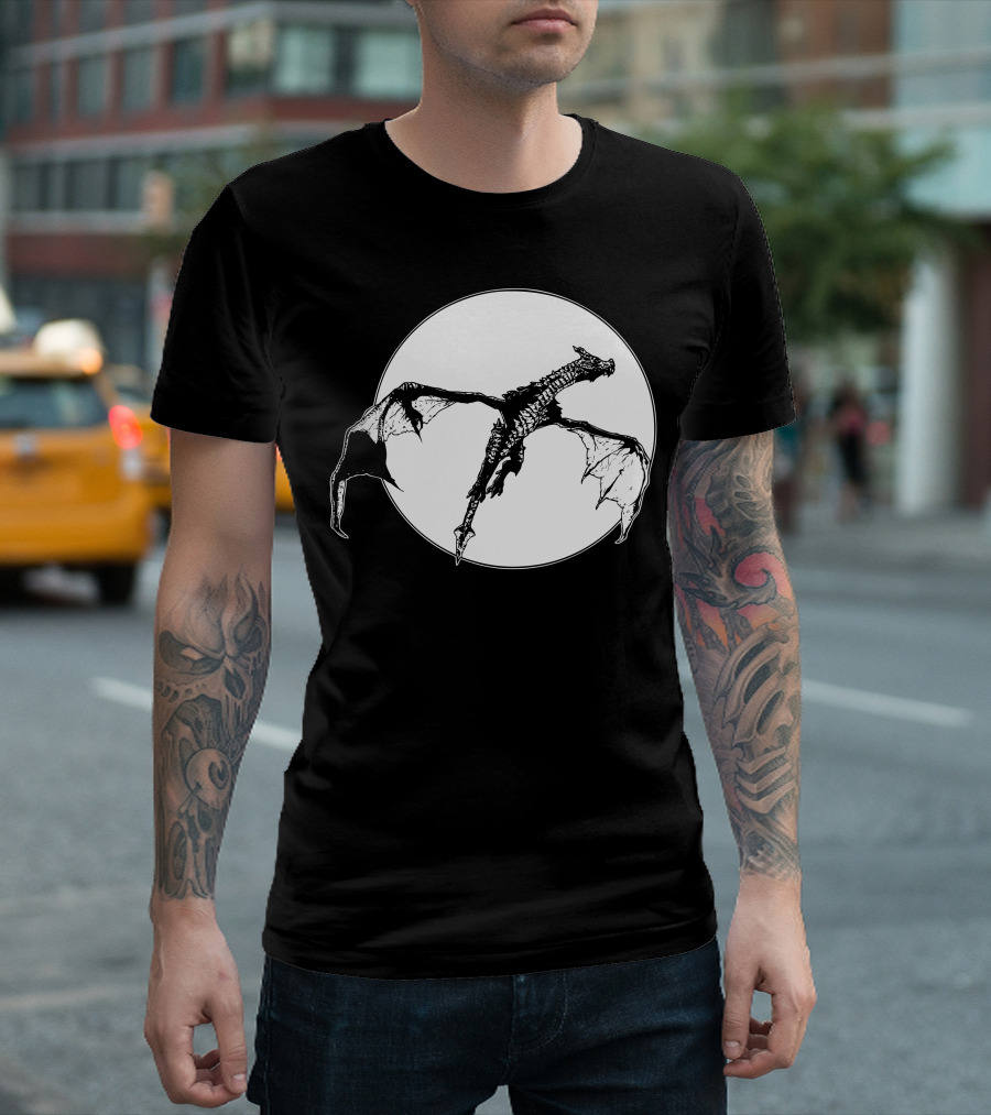 There Be Dragons Flying Against Full Moon T-Shirt