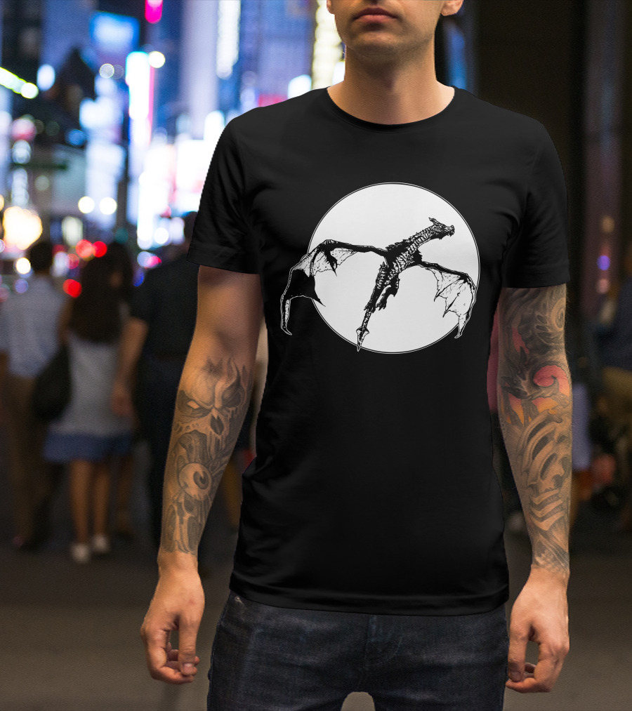 There Be Dragons Flying Against Full Moon T-Shirt
