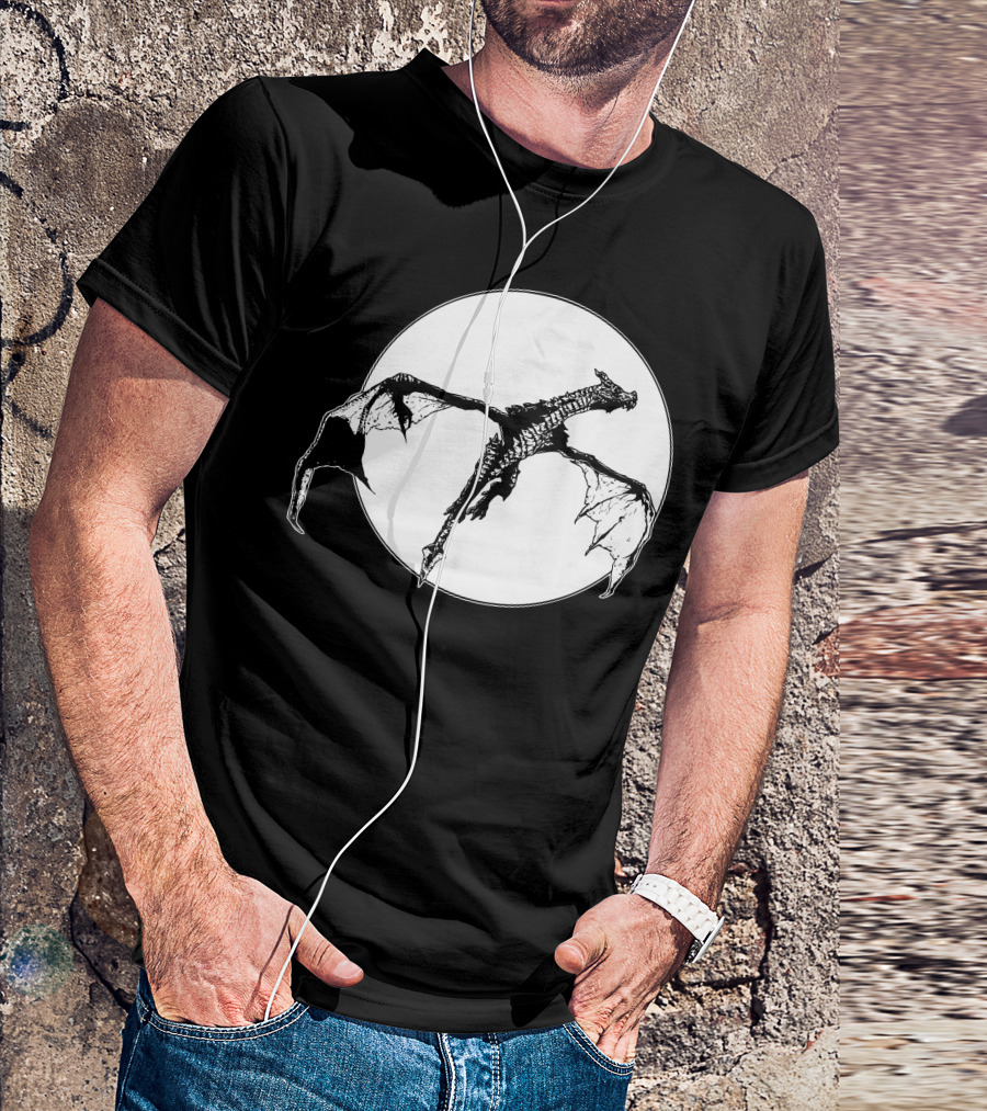 There Be Dragons Flying Against Full Moon T-Shirt