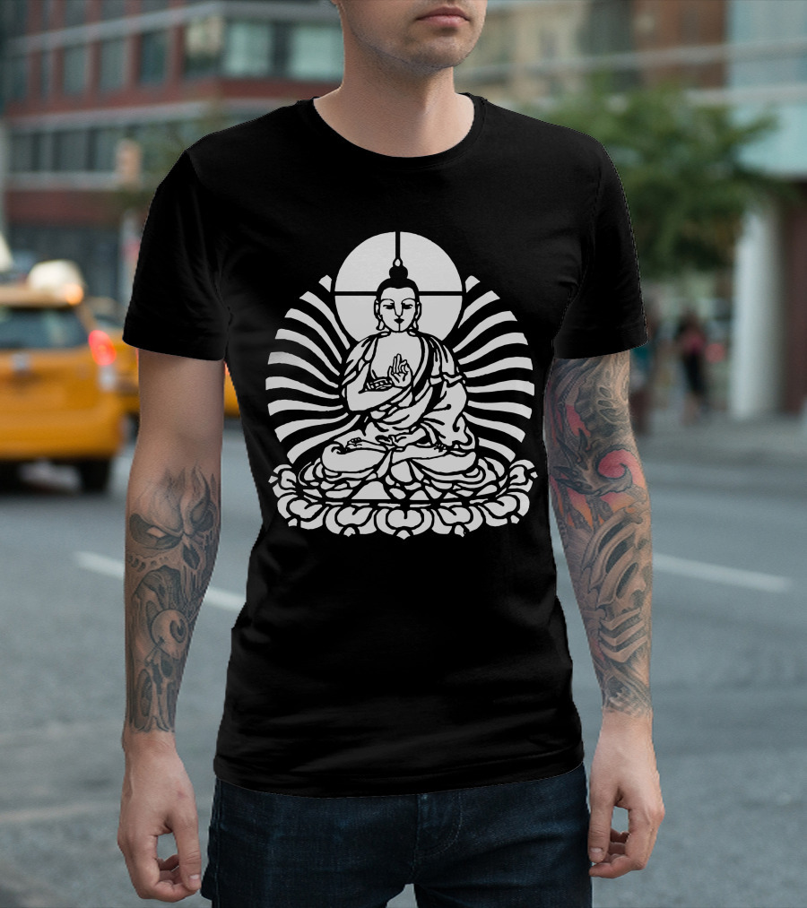 Buddha Meditating on Lotus with Radiating Sunburst Background T-Shirt
