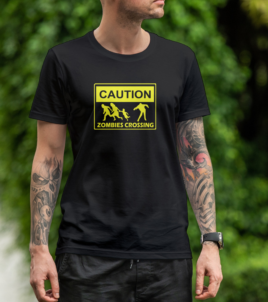 Caution Zombies Crossing X Large Funny Walking Brains Awesome Warning Sign T-Shirt