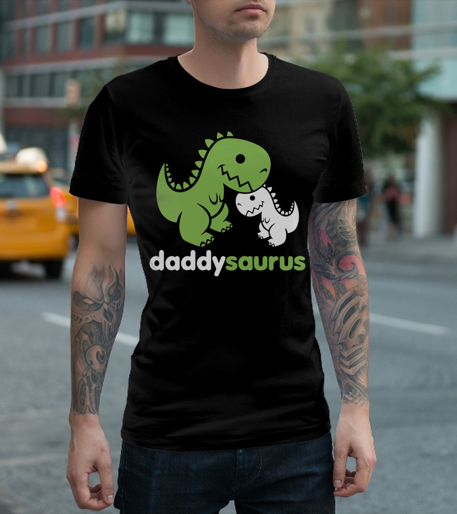 Daddysaurus Dinosaur Dino Cute Green T-Rex With Baby Dinosaur T-Shirt