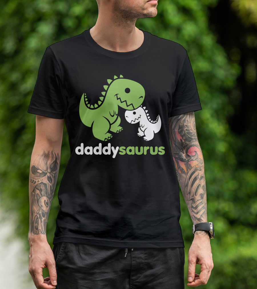 Daddysaurus Dinosaur Dino Cute Green T-Rex With Baby Dinosaur T-Shirt