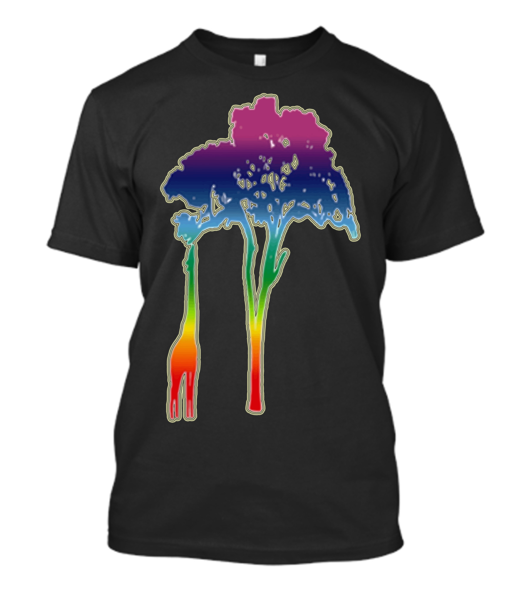 Giraffe Reaching Up With Its Long Neck To Eat Leaves Off Vibrant Tree T-Shirt