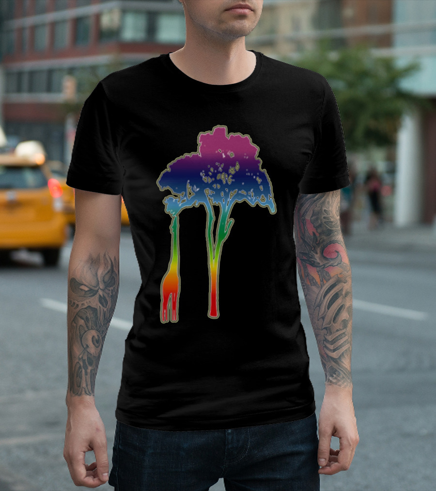 Giraffe Reaching Up With Its Long Neck To Eat Leaves Off Vibrant Tree T-Shirt