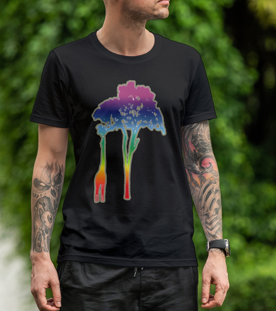 Giraffe Reaching Up With Its Long Neck To Eat Leaves Off Vibrant Tree T-Shirt