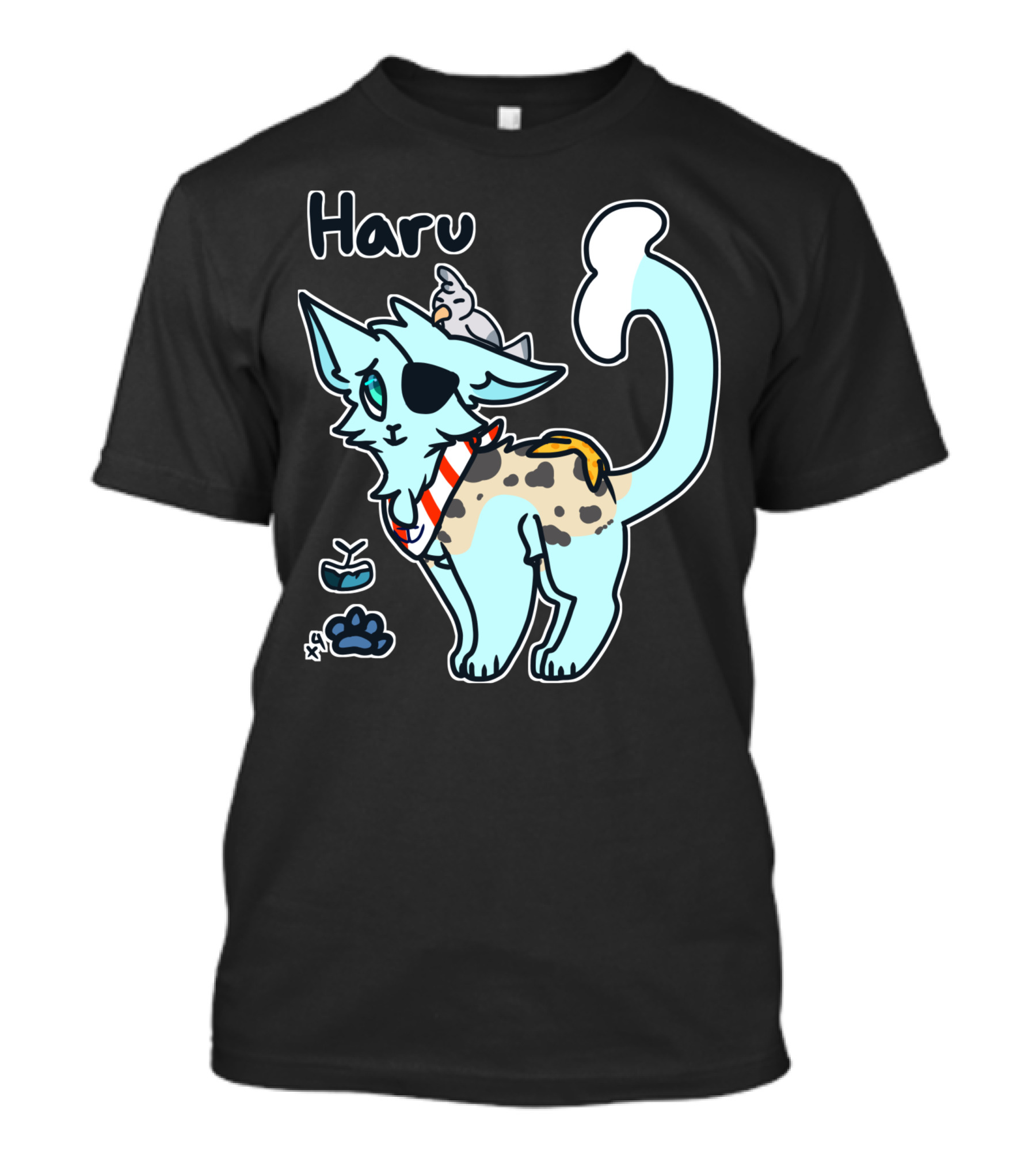 Haru Cat With Pirate Eye Patch And Parrot Fish Companion T-Shirt