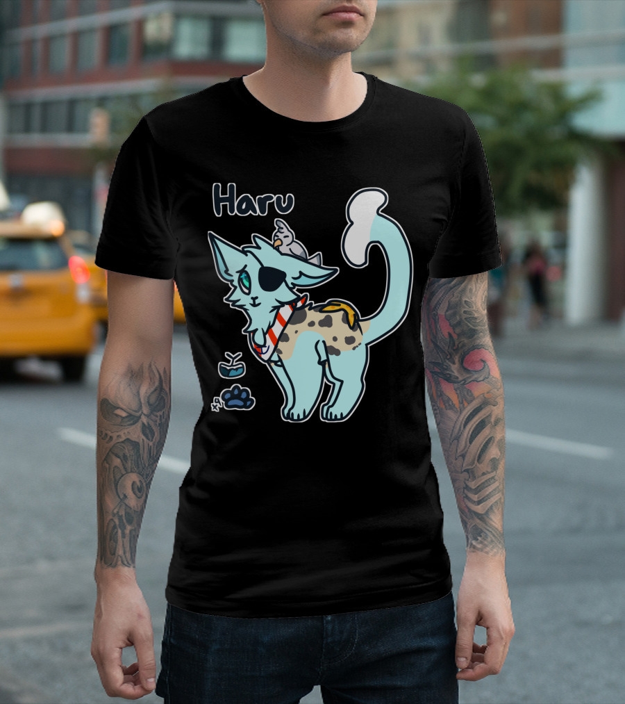 Haru Cat With Pirate Eye Patch And Parrot Fish Companion T-Shirt