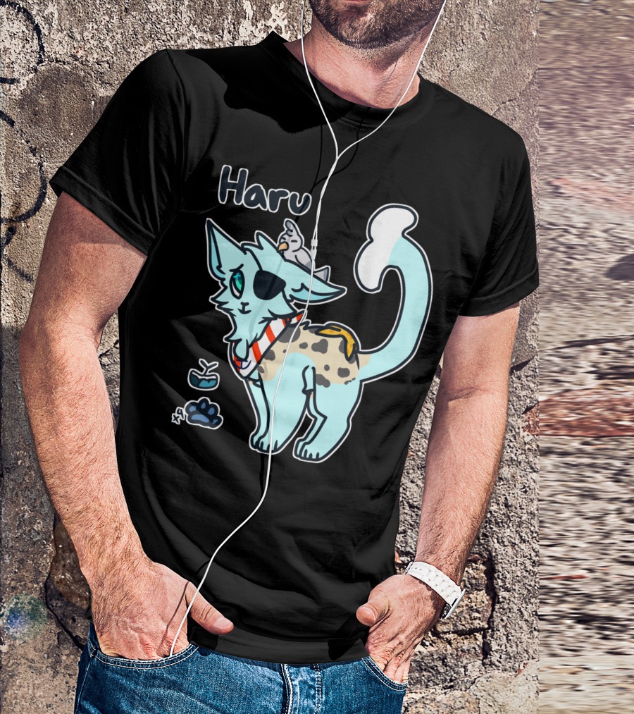 Haru Cat With Pirate Eye Patch And Parrot Fish Companion T-Shirt