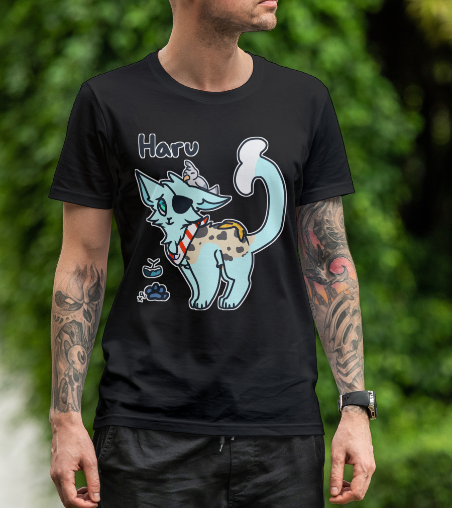 Haru Cat With Pirate Eye Patch And Parrot Fish Companion T-Shirt