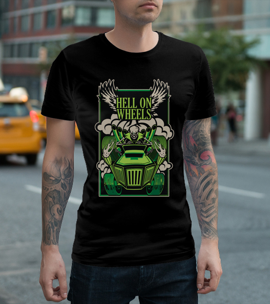 Hell On Wheels Skeleton Driver with Winged Hot Rod Flames T-Shirt