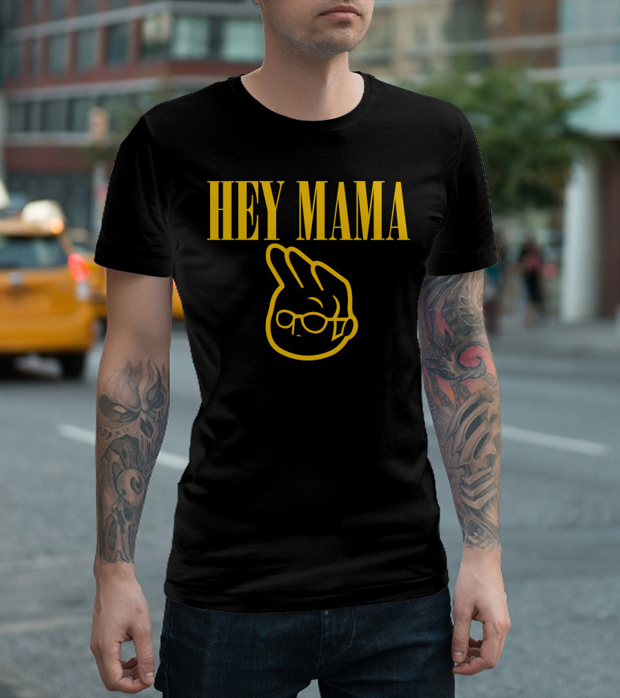 Hey Mama Cartoon Head With Glasses And Peace Sign Gesture T-Shirt