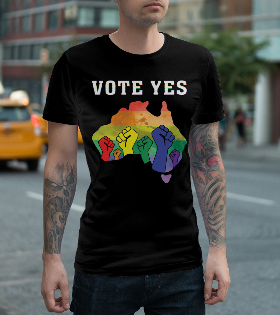 Vote Yes Australian Marriage Equality Rainbow Fists Map T-Shirt
